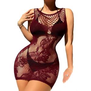 imageFloerns Womens Sheer Mesh Sleeveless Babydoll Slip Lingerie NightgownBurgundy Floral