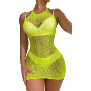 imageFloerns Womens Sheer Mesh Sleeveless Babydoll Slip Lingerie NightgownLime Green Plain
