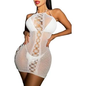 imageFloerns Womens Sheer Mesh Sleeveless Babydoll Slip Lingerie NightgownWhite