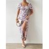 imageFloerns Womens Milkmaid Floral Print Puff Sleeve Square Neck Slit Hem Midi DressApricot