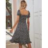 imageFloerns Womens Milkmaid Floral Print Puff Sleeve Square Neck Slit Hem Midi DressBlack and White