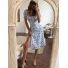 imageFloerns Womens Milkmaid Floral Print Puff Sleeve Square Neck Slit Hem Midi DressBlue and White