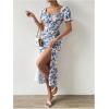 imageFloerns Womens Milkmaid Floral Print Puff Sleeve Square Neck Slit Hem Midi DressDeep Blue