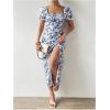 imageFloerns Womens Milkmaid Floral Print Puff Sleeve Square Neck Slit Hem Midi DressDeep Blue