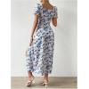 imageFloerns Womens Milkmaid Floral Print Puff Sleeve Square Neck Slit Hem Midi DressDeep Blue