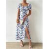 imageFloerns Womens Milkmaid Floral Print Puff Sleeve Square Neck Slit Hem Midi DressDeep Blue