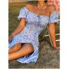 imageFloerns Womens Milkmaid Floral Print Puff Sleeve Square Neck Slit Hem Midi DressSky Blue