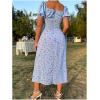 imageFloerns Womens Milkmaid Floral Print Puff Sleeve Square Neck Slit Hem Midi DressSky Blue