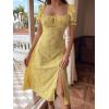 imageFloerns Womens Milkmaid Floral Print Puff Sleeve Square Neck Slit Hem Midi DressYellow
