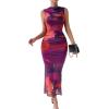 imageFloerns Womens Sleeveless Tie Dye Mock Neck Ruched Slit Hem Party Bodycon DressPurple Multi