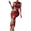 imageFloerns Womens Sleeveless Tie Dye Mock Neck Ruched Slit Hem Party Bodycon DressRed