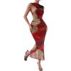 imageFloerns Womens Sleeveless Tie Dye Mock Neck Ruched Slit Hem Party Bodycon DressRed