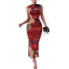 imageFloerns Womens Sleeveless Tie Dye Mock Neck Ruched Slit Hem Party Bodycon DressRed