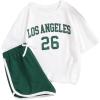 imageFloerns Girls 2 Piece Outfits Graphic Print Drop Shoulder Tee ampamp Contrast Binding Track Shorts Clothing SetDark Green
