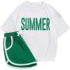 imageFloerns Girls 2 Piece Outfits Graphic Print Drop Shoulder Tee ampamp Contrast Binding Track Shorts Clothing SetGreen and White