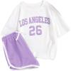 imageFloerns Girls 2 Piece Outfits Graphic Print Drop Shoulder Tee ampamp Contrast Binding Track Shorts Clothing SetLilac Purple
