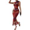 imageFloerns Womens Sleeveless Tie Dye Mock Neck Ruched Slit Hem Party Bodycon DressRed