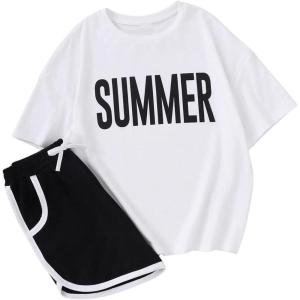 imageFloerns Girls 2 Piece Outfits Graphic Print Drop Shoulder Tee ampamp Contrast Binding Track Shorts Clothing SetBlack  White Graphic