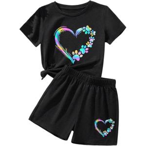 imageFloerns Girls 2 Piece Outfits Graphic Print Drop Shoulder Tee ampamp Contrast Binding Track Shorts Clothing SetBlack Heart