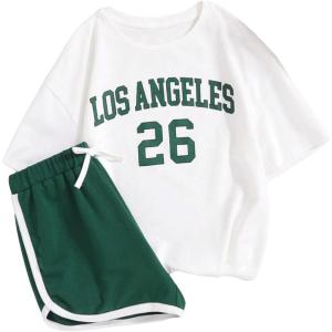 imageFloerns Girls 2 Piece Outfits Graphic Print Drop Shoulder Tee ampamp Contrast Binding Track Shorts Clothing SetDark Green