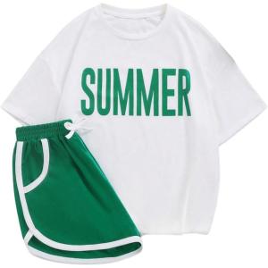 imageFloerns Girls 2 Piece Outfits Graphic Print Drop Shoulder Tee ampamp Contrast Binding Track Shorts Clothing SetGreen and White