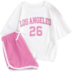 imageFloerns Girls 2 Piece Outfits Graphic Print Drop Shoulder Tee ampamp Contrast Binding Track Shorts Clothing SetPink