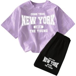 imageFloerns Girls 2 Piece Outfits Graphic Print Drop Shoulder Tee ampamp Contrast Binding Track Shorts Clothing SetPurple and Black