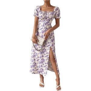 imageFloerns Womens Milkmaid Floral Print Puff Sleeve Square Neck Slit Hem Midi DressApricot