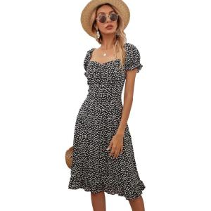 imageFloerns Womens Milkmaid Floral Print Puff Sleeve Square Neck Slit Hem Midi DressBlack and White