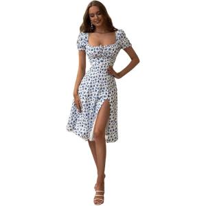 imageFloerns Womens Milkmaid Floral Print Puff Sleeve Square Neck Slit Hem Midi DressBlue and White