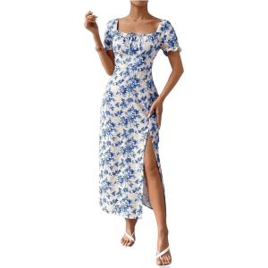 imageFloerns Womens Milkmaid Floral Print Puff Sleeve Square Neck Slit Hem Midi DressDeep Blue