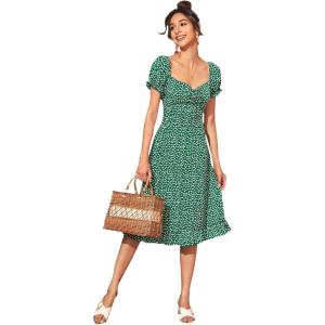 imageFloerns Womens Milkmaid Floral Print Puff Sleeve Square Neck Slit Hem Midi DressGreen