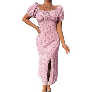 imageFloerns Womens Milkmaid Floral Print Puff Sleeve Square Neck Slit Hem Midi DressPink
