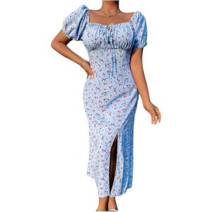 imageFloerns Womens Milkmaid Floral Print Puff Sleeve Square Neck Slit Hem Midi DressSky Blue