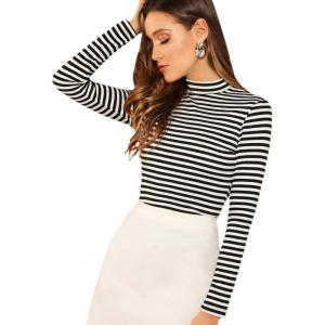 imageFloerns Womens Mock Turtleneck Long Sleeve Slim Fit Stretch Striped TShirts Tunic Tops Fall Fashion Trendy Outfits ClothesA Striped
