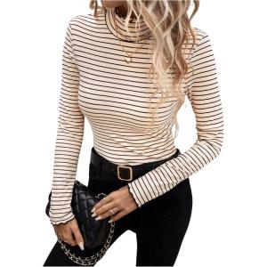 imageFloerns Womens Mock Turtleneck Long Sleeve Slim Fit Stretch Striped TShirts Tunic Tops Fall Fashion Trendy Outfits ClothesApricot Striped