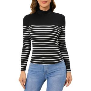 imageFloerns Womens Mock Turtleneck Long Sleeve Slim Fit Stretch Striped TShirts Tunic Tops Fall Fashion Trendy Outfits ClothesAzure Black White