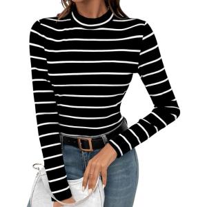 imageFloerns Womens Mock Turtleneck Long Sleeve Slim Fit Stretch Striped TShirts Tunic Tops Fall Fashion Trendy Outfits ClothesBlack C