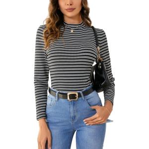 imageFloerns Womens Mock Turtleneck Long Sleeve Slim Fit Stretch Striped TShirts Tunic Tops Fall Fashion Trendy Outfits ClothesBlack E