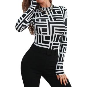 imageFloerns Womens Mock Turtleneck Long Sleeve Slim Fit Stretch Striped TShirts Tunic Tops Fall Fashion Trendy Outfits ClothesBlack Geo