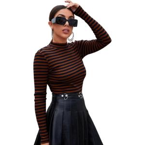 imageFloerns Womens Mock Turtleneck Long Sleeve Slim Fit Stretch Striped TShirts Tunic Tops Fall Fashion Trendy Outfits ClothesBrown Solid