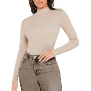 imageFloerns Womens Mock Turtleneck Long Sleeve Slim Fit Stretch Striped TShirts Tunic Tops Fall Fashion Trendy Outfits ClothesCamel Brown