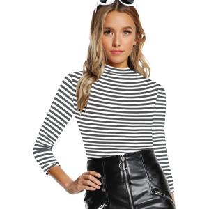 imageFloerns Womens Mock Turtleneck Long Sleeve Slim Fit Stretch Striped TShirts Tunic Tops Fall Fashion Trendy Outfits ClothesDark Grey White