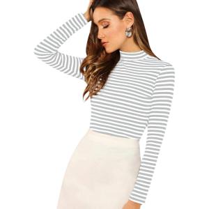 imageFloerns Womens Mock Turtleneck Long Sleeve Slim Fit Stretch Striped TShirts Tunic Tops Fall Fashion Trendy Outfits ClothesLight Grey White