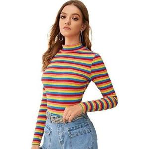 imageFloerns Womens Mock Turtleneck Long Sleeve Slim Fit Stretch Striped TShirts Tunic Tops Fall Fashion Trendy Outfits ClothesMulti