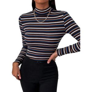 imageFloerns Womens Mock Turtleneck Long Sleeve Slim Fit Stretch Striped TShirts Tunic Tops Fall Fashion Trendy Outfits ClothesMulti Striped