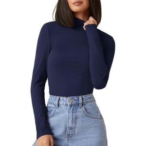 imageFloerns Womens Mock Turtleneck Long Sleeve Slim Fit Stretch Striped TShirts Tunic Tops Fall Fashion Trendy Outfits ClothesNavy Blue