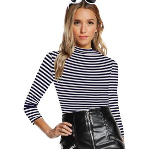 imageFloerns Womens Mock Turtleneck Long Sleeve Slim Fit Stretch Striped TShirts Tunic Tops Fall Fashion Trendy Outfits ClothesNavy Blue White