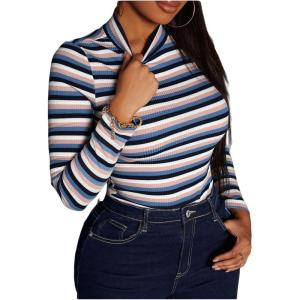 imageFloerns Womens Mock Turtleneck Long Sleeve Slim Fit Stretch Striped TShirts Tunic Tops Fall Fashion Trendy Outfits ClothesPink Blue Striped