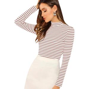 imageFloerns Womens Mock Turtleneck Long Sleeve Slim Fit Stretch Striped TShirts Tunic Tops Fall Fashion Trendy Outfits ClothesPink White